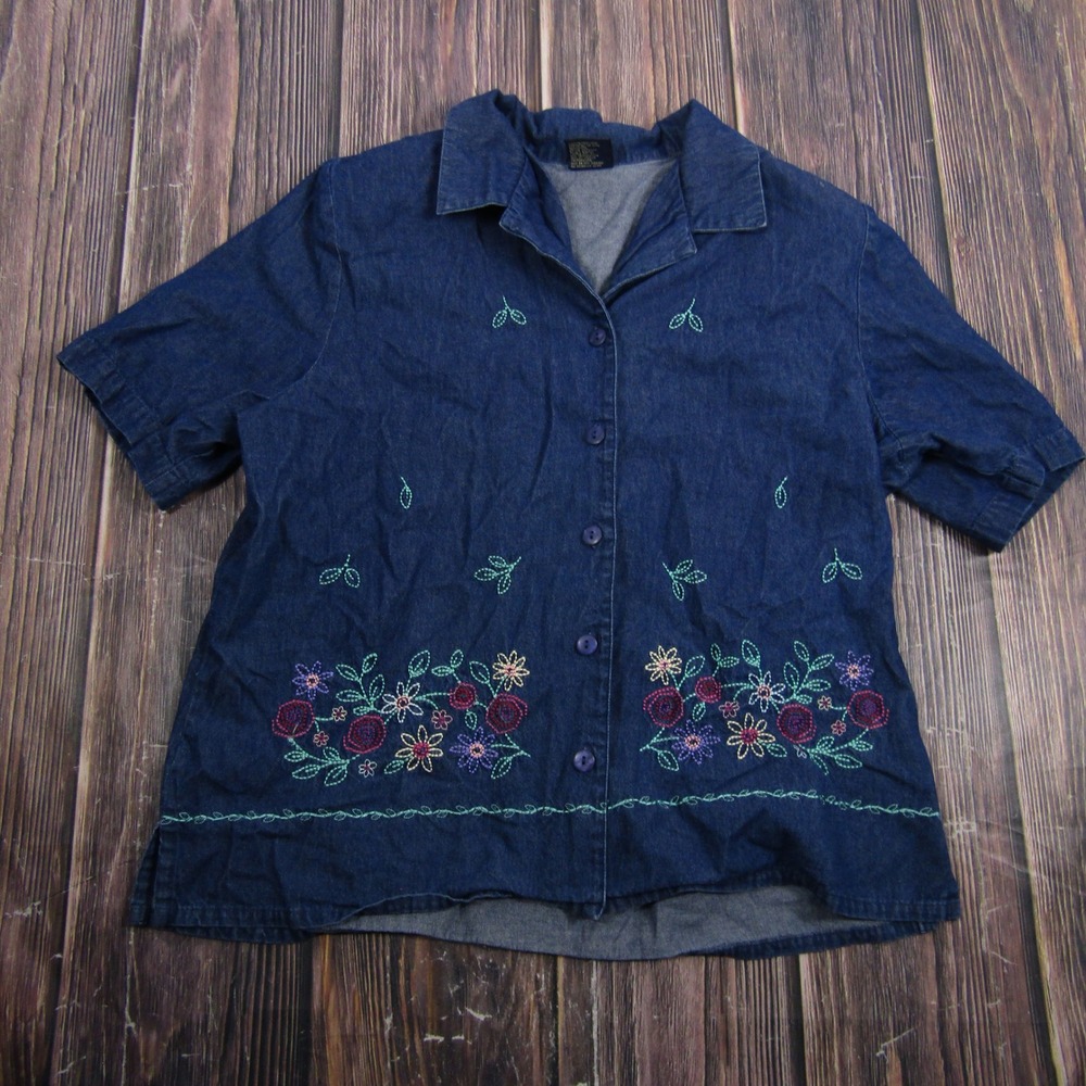 Allison Daley Denim Shirt Womens 14 Blue Floral Embroidered Button Up Top